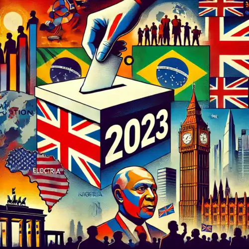 DALL·E 2024-11-05 10.22.42 - A collage illustrating significant political events from 2023, including images of a ballot box symbolizing elections, a Brazilian flag to represent p 2022-1954